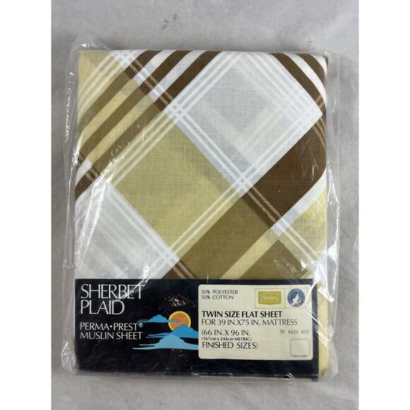 Sears Sherbet Twin Top Flat Sheet Criss Cross Plaid Cotton Blend New Dead Stock - Picture 2 of 6